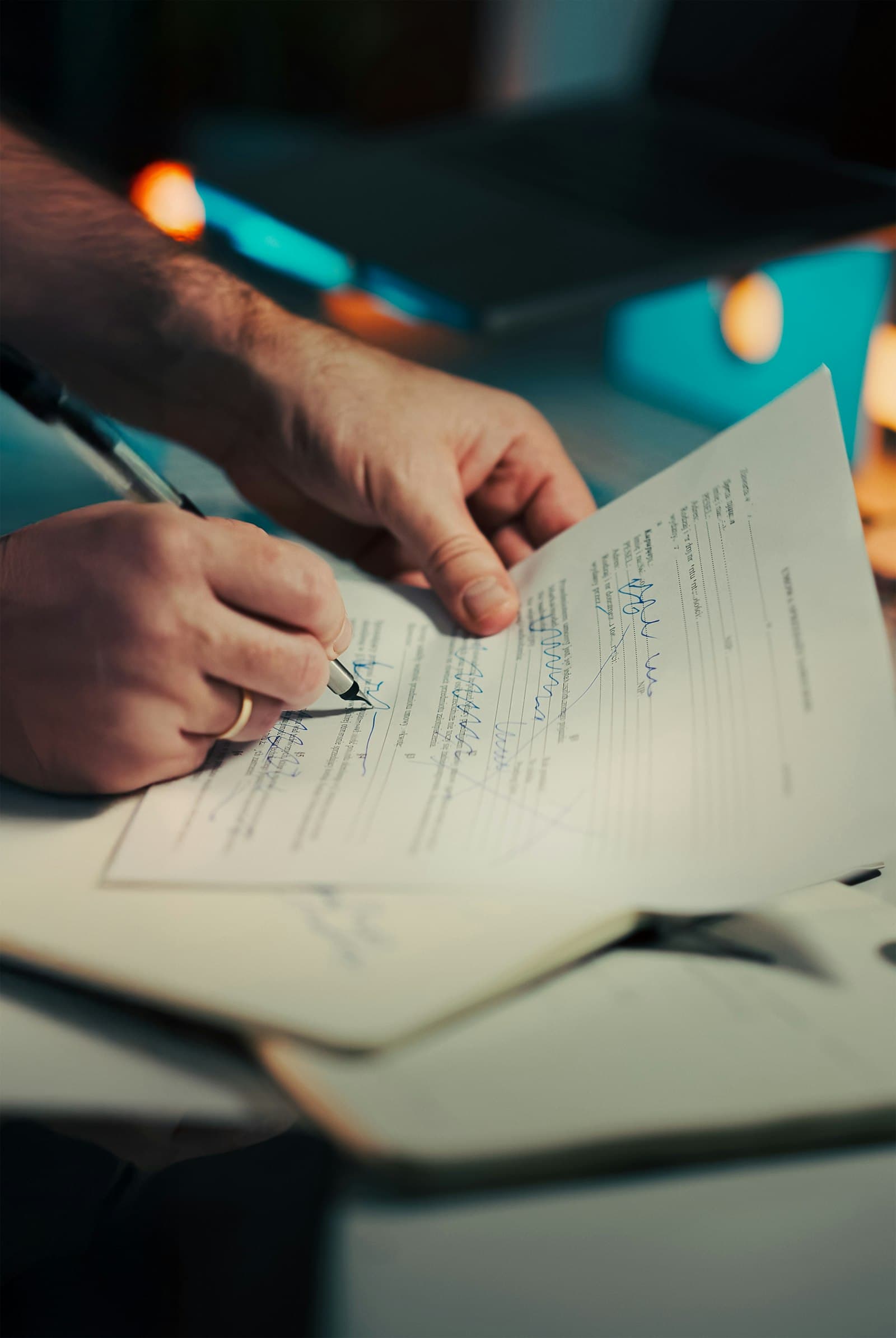 Signature d'un document sur un bureau